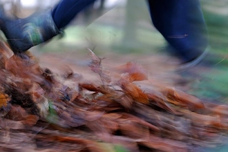 Blurred autumn leaves being kicked by children's wellie boots