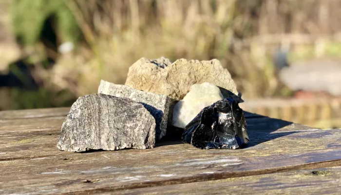 rocks piled up on a table of different colours, shapes and sizes