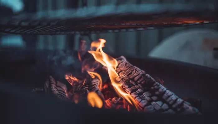 Close up of lightly flaming logs on a warm fire.