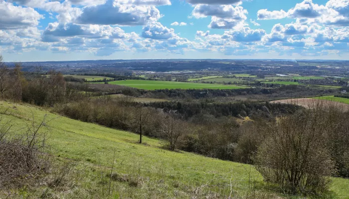 burham down view from the sloping chalk grassland down into the countryside landscape below