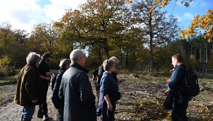 Bison Ranger Walking in the Woods with group