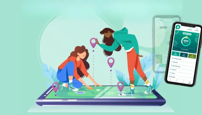 two people standing on a mobile phone dropping pins onto a map