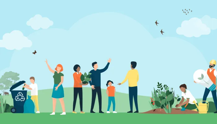A cartoon drawing of multiple people outside, recyling, planting, doing things for nature.