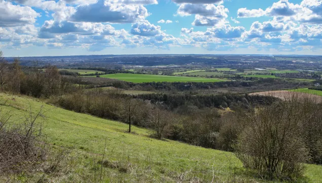 burham down view from the sloping chalk grassland down into the countryside landscape below