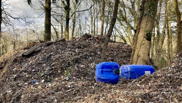 Hoad's wood fly tipping pile with blue plastic containers in foreground