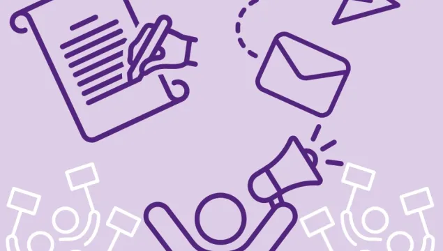 A person with a megaphone and symbols for signing petition and sending email