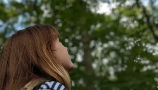A woman looking into a canopy of trees.
