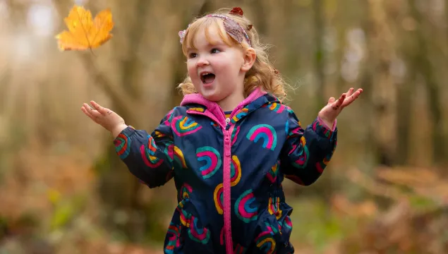 Child throwing autumn leaf in the air