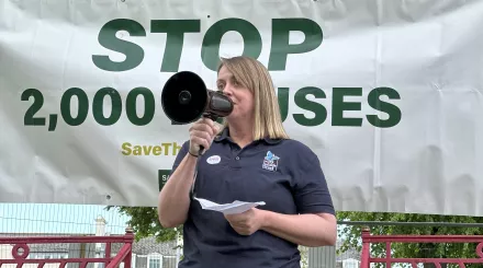 Helen pitman with megaphone at keep blean green protest