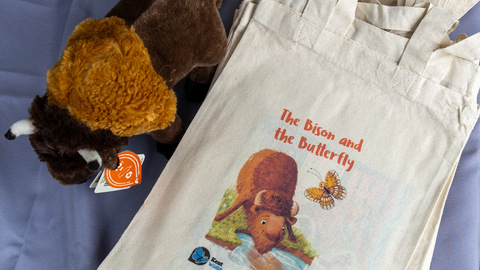 A pile of book tote bags with an illustration from 'the Bison and the Butterfly' children's book