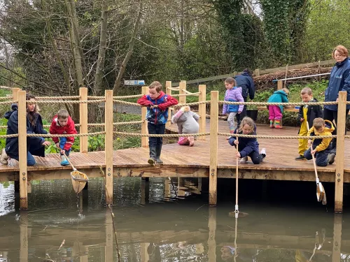 Children doing pond dipping at Tyland Barn Nature Park and Gardens