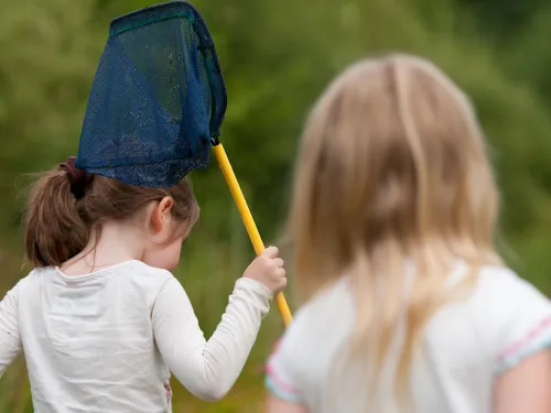 Two children walking away from the camera with a pond dipping net