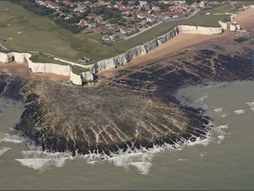 Coastal chalk erosion including cliff, cave, stack, arch and chalk reef platform. Whiteness, Broadstairs.