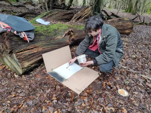 A person setting up a track plate.