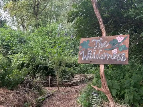 A wooden sign that reads 'The Wilderness' in front of a garden path.