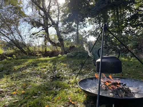 A steaming kettle hanging from a tripod over a campfire, with trees in the background.