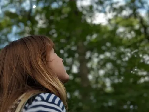 A woman looking into a canopy of trees.