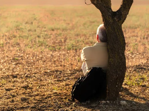 Man sitting with back against tree