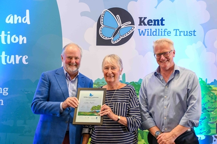 Linda Taylor, standing with a Wilder Kent Volunteer Award certificate.