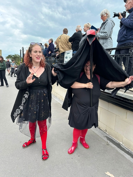 Two people dressed as choughs, with black clothes and red tights on