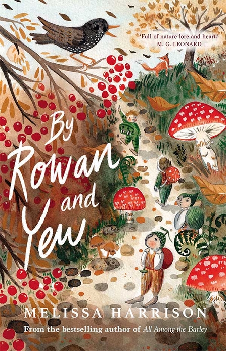 'By Rowan and Yew' book cover with illustrated fungi and tiny people.