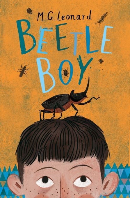 'Beetle Boy' book cover with an illustrated stag beetle on a boy's head.