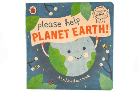 The front cover of 'Please Help Planet Earth', with a smiling world holding up the title.